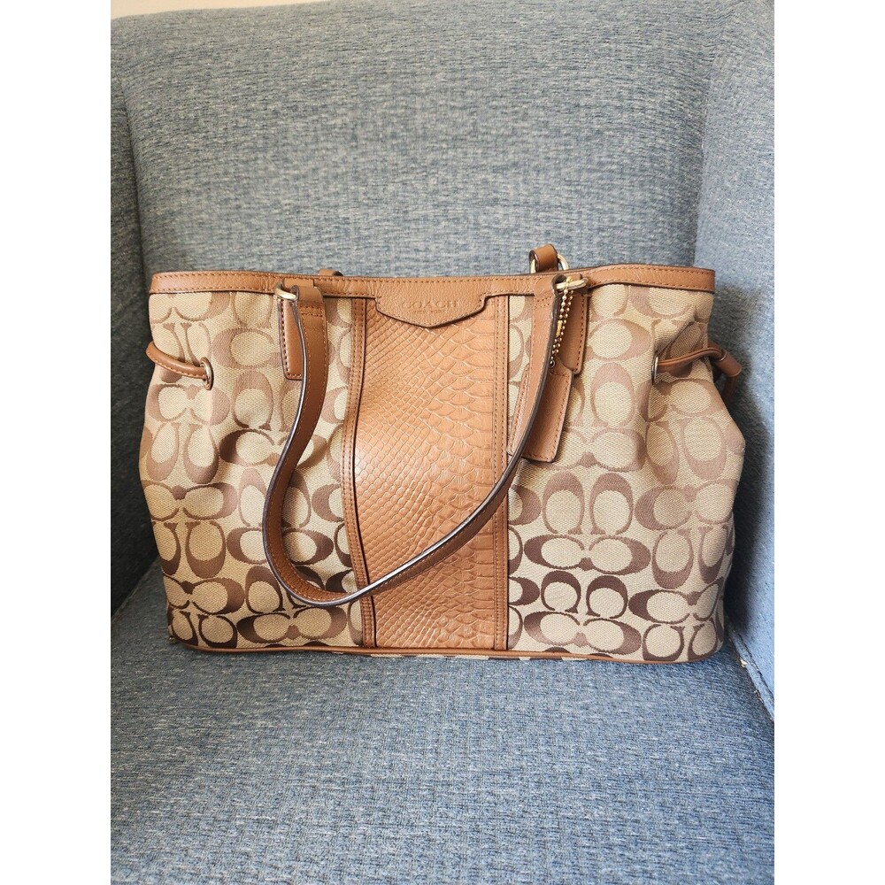 Coach 2014 Signature Stripe Drawstring Carryall Tote in "Khaki Saddle" Brown